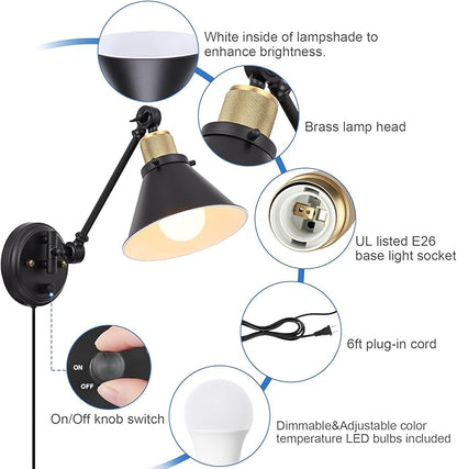 TRLIFE Dimmable Wall Sconce with Remote Control, Plug in Wall Sconces Dimming 10%-100% and Adjustable Color Temperature 2700K-6000K, Swing Arm Wall Lights with Plug in Cord, UL Listed(2 Pack, 2 Bulbs)
