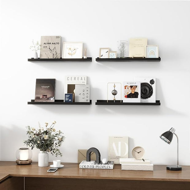 Picture Ledge Shelf, Wood Floating Shelves Set of 4, 24 inch Picture Ledge Shelves, Photo Ledge Nursery Book Shelves Wall Mounted for Living Room Kids' Room Bedroom, Color Black