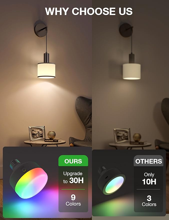 NIORSUN Battery Operated Wall Sconce Set of 2, Black&Off-White Wireless Rechargeable Wall Lights with 5200mAh Dimmable Detachable Bulbs and Remote, 9 Colors Sconces Wall Decor for Bedroom Living Room