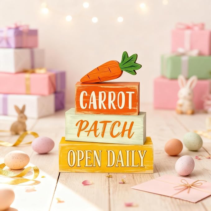 Easter Decorations - Easter Carrot Patch Tiered Tray Decor - Wooden Farm Stand Tabletop Decoration - Rustic Farmhouse Spring Home Decor Indoor for Tiered Tray Shelf Mantel Coffee Table Kitchen Counter