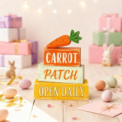 Easter Decorations - Easter Carrot Patch Tiered Tray Decor - Wooden Farm Stand Tabletop Decoration - Rustic Farmhouse Spring Home Decor Indoor for Tiered Tray Shelf Mantel Coffee Table Kitchen Counter