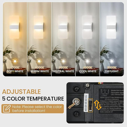Modern LED Wall Sconce, 5CCT Dimmable Brushed Nickel Wall Lights, 12W 800LM 2700K-5000K Adjustable, Hardwired Indoor Up and Down Acrylic Wall Light Lighting for Living Room Bedroom Hallway, ETL