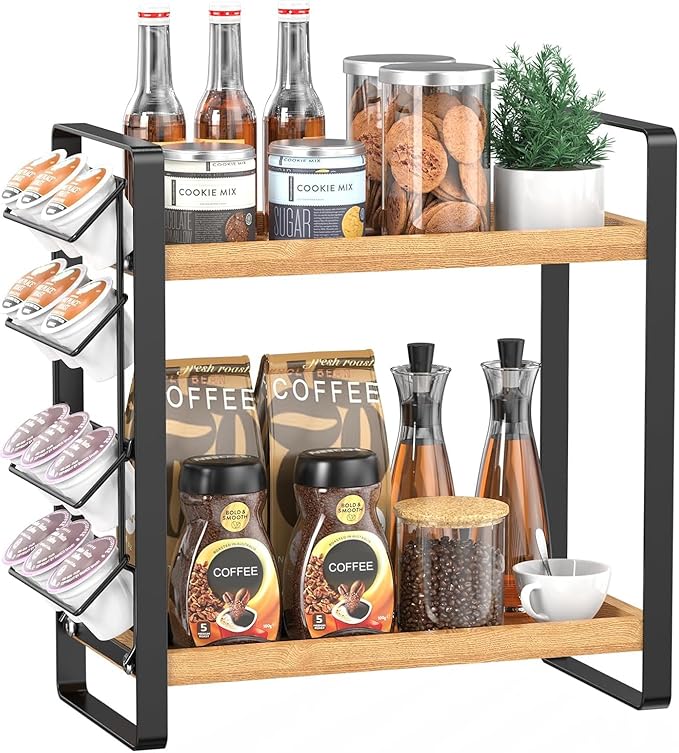 Coffee Station Organizer for Counter,Condiment Storage Caddy for Kitchen,2 Tier Wooden Shelf for Coffee Bar Accessories,Coffee Bar Organizer for Kitchen, Home, Office-Brown