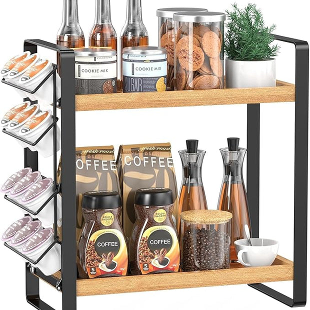 Coffee Station Organizer for Counter,Condiment Storage Caddy for Kitchen,2 Tier Wooden Shelf for Coffee Bar Accessories,Coffee Bar Organizer for Kitchen, Home, Office-Brown