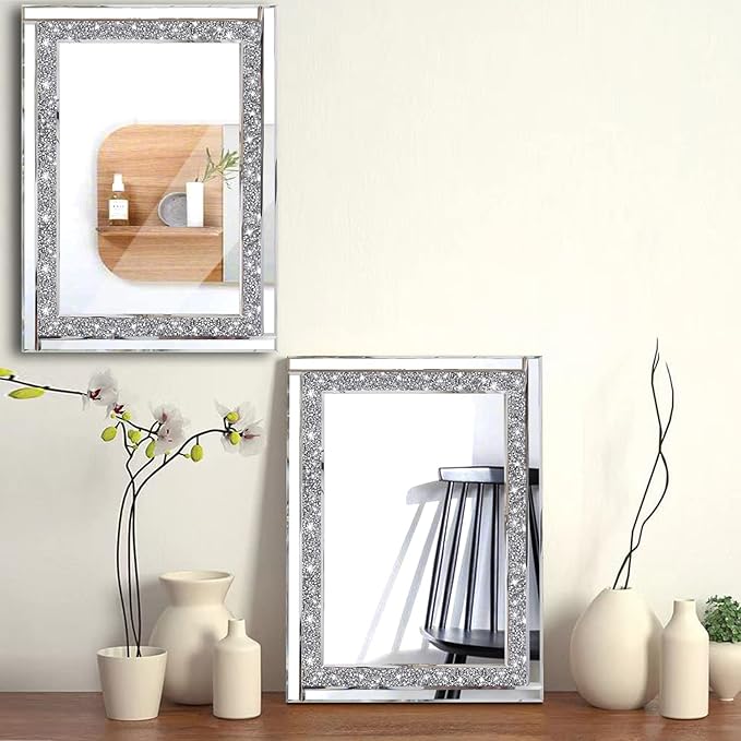 Meetart Crystal Crush Diamond Silver Mirror 11'' x 15''2 PCS, Frameless Stylish Gorgeous Diamond Decor Glam Glass Mirror. for Bedroom Bathroom Hanging Mirror Home for Wall Decor.