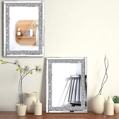 Meetart Crystal Crush Diamond Silver Mirror 11'' x 15''2 PCS, Frameless Stylish Gorgeous Diamond Decor Glam Glass Mirror. for Bedroom Bathroom Hanging Mirror Home for Wall Decor.