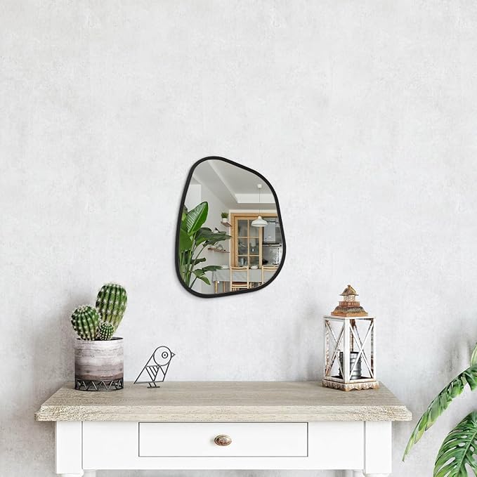 Irregular Wall Mirror Asymmetrical White Mirror Modern Wood Frame Unique Shape Wall Mounted Vanity Artistic Mirror Decor for Living Room Bedroom Bathroom Entryway Hallway 14"x10"