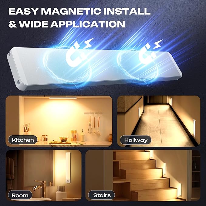 Under Cabinet Lighting Wireless LED Motion Sensor Magnetic Light 2200maAh Rechargeable Indoor Closet Lights for Kitchen, Stairs (5, Warm White, 10 Inch)