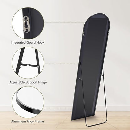 OLIXIS Arched Full Length Black Mirror 59.1"x16" for Bedroom, Full Body Mirror with Stand, Hanging or Leaning for Wall, Aluminum Alloy Thin Frame Floor Standing for Living Room