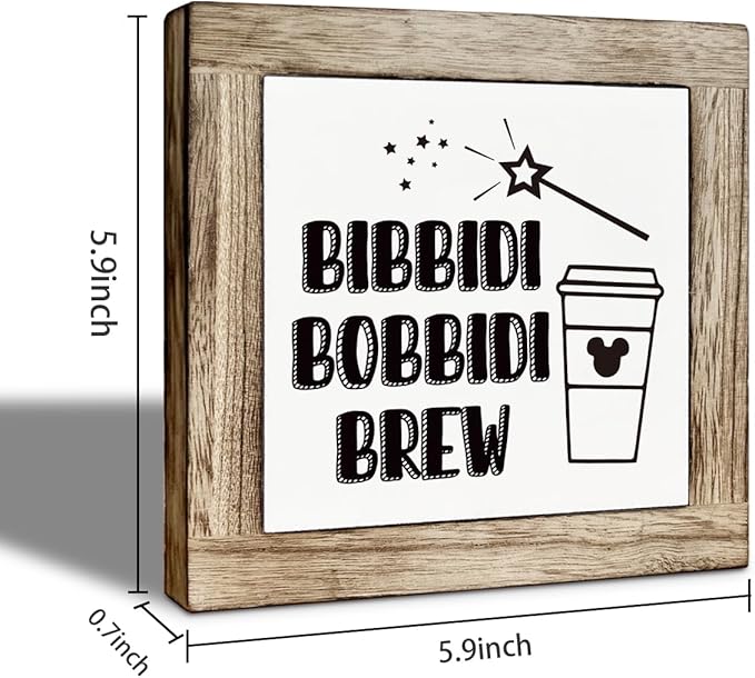 Farmhouse Coffee Bar Sign, Bibbidi Bobbidi Brew Wooden Box Decor, Funny Coffee Wooden Plaque Sign, Rustic Wood Signs for Kitchen Cafe Bars, Freestanding Home Decor 5.9×5.9 inch