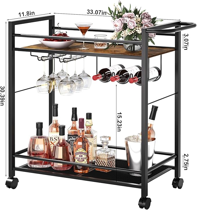 Bar Cart,Home Bar Serving Cart with Storage Shelves, 2 Tier Rolling Beverage Cart with Wheels, Modern Wine Cart with Wine Rack and Glass Holder for Kitchen, Living Room,Dinning Room,Brown