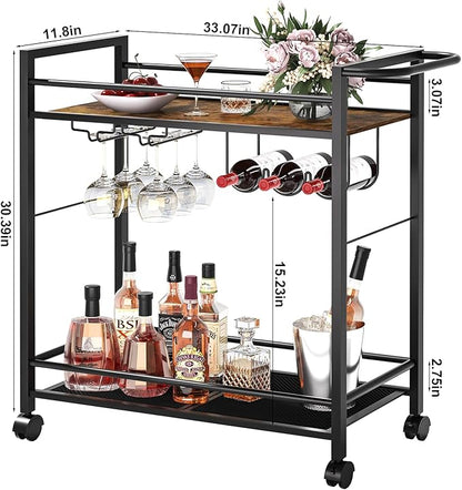 Bar Cart,Home Bar Serving Cart with Storage Shelves, 2 Tier Rolling Beverage Cart with Wheels, Modern Wine Cart with Wine Rack and Glass Holder for Kitchen, Living Room,Dinning Room,Brown