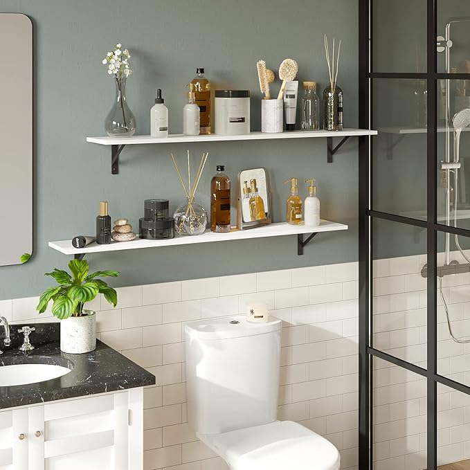 DINZI LVJ Long Wall Shelves, 55.1Inch Wall Mounted Shelves Set of 2, Extra Large Floating Storage Ledges with Sturdy Metal Brackets for Living Room, Bathroom, Bedroom, Kitchen, White