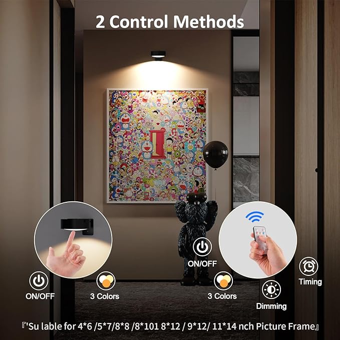 Picture Lights for Wall, Rechargeable Battery Operated Wireless Magnetic Painting Lights with Remote Dimmable and Timer, Wall Decor Lights with 3 Lighting Modes for Art Display (Black, 6Pack)