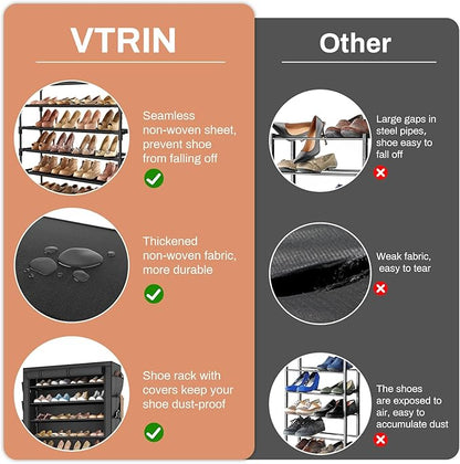 VTRIN Tall Shoe Rack with Cover, 10 Tier Shoe Organizer Storage for 50-55 Pairs Shoes and Boots Large Capacity Shoe Shelf with 8 Pockets Free Standing Shoe Rack for Closet, Entryway, Garage