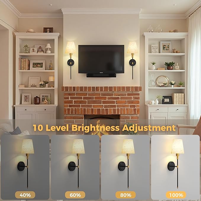 DORESshop Battery Operated Wall Sconce Set of 2, 7 Color Wireless Wall Light Easy to Install, Sconce Wall Decor Set of 2 for Bedroom, Living Room, Fabric Linen Shade, Gold and Black, 24.6in