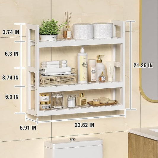 Domax Bathroom Shelves Over Toilet Storage - 3 Tier Wall Mounted Bamboo Bathroom Shelf Organizer Multifunctional Adjustable Layer Free Standing Utility Shelves for Bathroom Living Room Kitchen, White