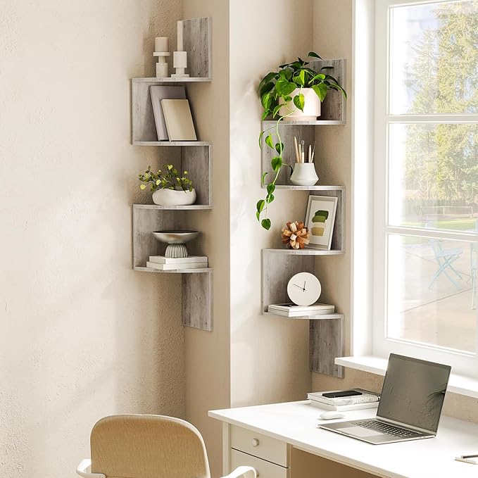 HOOBRO Corner Shelf Wall-Mounted, Set of 2 Floating Corner Shelves, 4-Tier Corner Bookshelves for Wall Decor in Living Room, Bedroom, Bathroom, Home Office, Greige BG25BJP201