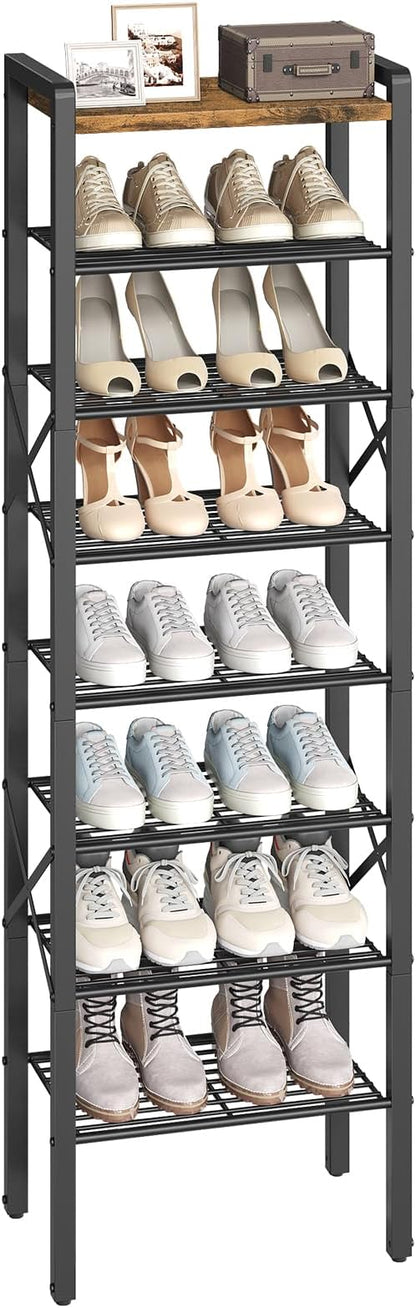 8-Tier Narrow Shoe Rack, Tall Shoe Rack for 8-16 Pairs, Slim Shoe Storage Organizer with Wooden Top, Space Saving, Metal Frame, for Entryway, Rustic Brown and Black SS608BR
