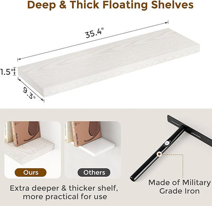 36 Inch Long Floating Shelves for Wall, 9.3 Inch Deep Floating Shelf with Heavy-Duty Bracket, 2 Pack Long Shelves for Bathroom, Living Room, Bedroom, Wall Mounted Storage Shelf for Books Decor, Brich