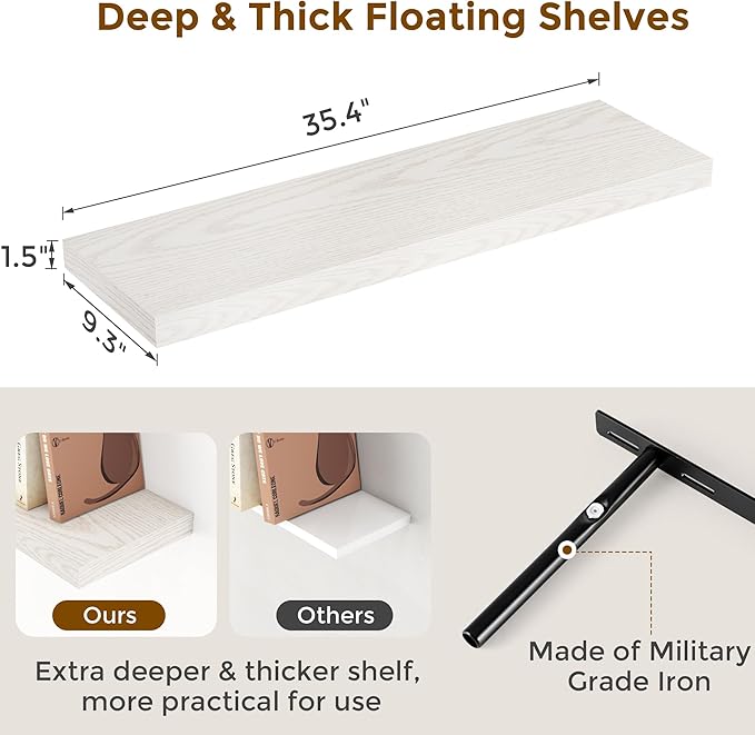 36 Inch Long Floating Shelves for Wall, 9.3 Inch Deep Floating Shelf with Heavy-Duty Bracket, 2 Pack Long Shelves for Bathroom, Living Room, Bedroom, Wall Mounted Storage Shelf for Books Decor, Brich