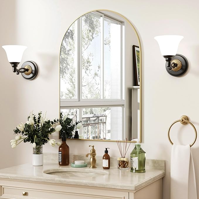 Gold Arched Bathroom Mirror for Wall-36