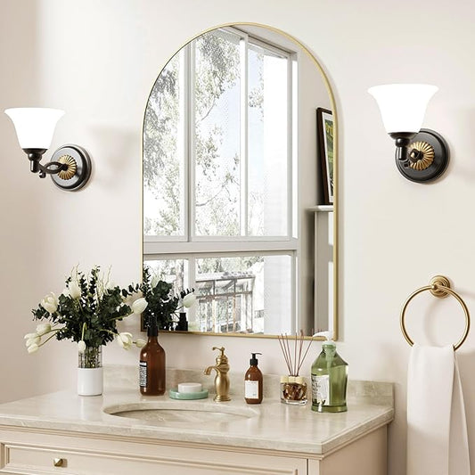 Gold Arched Bathroom Mirror for Wall-36"X24" Wall Mirror for Living Room, Bedroom, Bathroom, Dressing Room Hanging Vanity Mirror for Wall Decoration