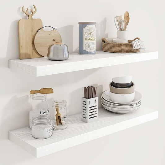 30in Floating Shelves for Wall, 30"W x 9.25"D x 1.25"H, 2 Pack Long Wall Mounted Engineered Wood Shelves with Invisible Brackets for Living Room, Bedroom, Bathroom, Kitchen Decor and Storage, White