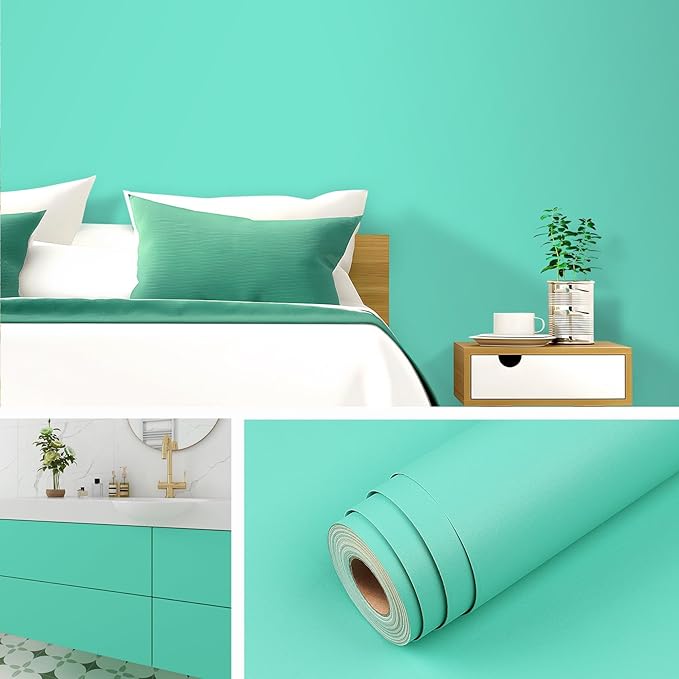 Livelynine Turquoise Wallpaper Peel and Stick Solid Color Wall Paper Aqua Green Contact Paper for Cabinets Kitchen Wallpaper Waterproof Desk Vinyl Wrap Self Adhesive Tiffany Blue Removable 15.8x78.8