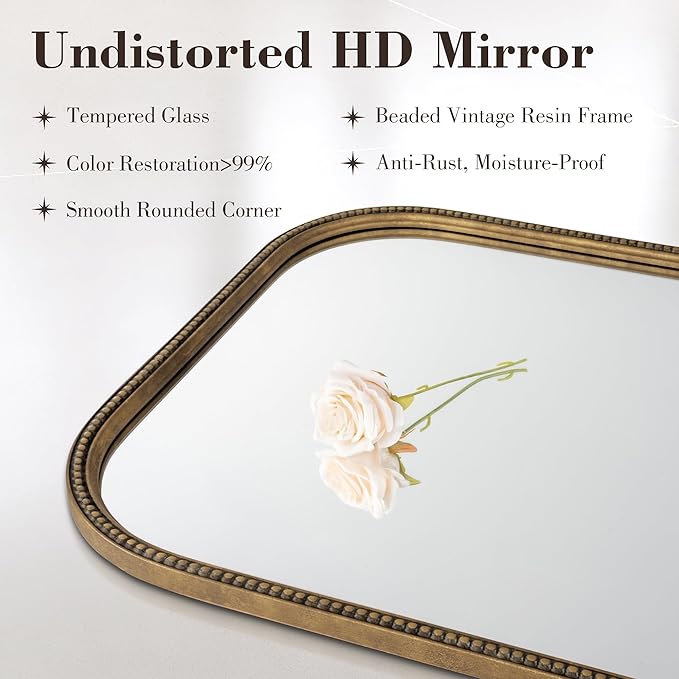 Axeman 22x30 Rounded Rectangular Wall Mirror, Decorative Bathroom Mirror, Traditional Vintage Wall Mounted Mirror with Beaded Frame for Accent Living Room Vanity Bedroom Entryway, Bronze