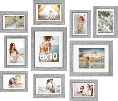 Picture Frames, Made of Real Glass and Wooden Frame, Gallery Photo Frames Set of 10 for Collage Wall Decor, Multi Sizes Including 8x10, 5x7, 4x6 for Mounting or Tabletop Display, Grey
