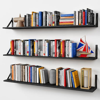 Forbena 48 Inch Long Floating Book Shelves for Wall Set of 3, Black Wall Bookshelves for Living Room, Large Heavy Duty Wood Wall Mounted Hanging Bookshelf for Bedroom Office Library Classroom