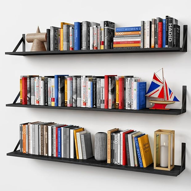 Forbena 48 Inch Long Floating Book Shelves for Wall Set of 3, Black Wall Bookshelves for Living Room, Large Heavy Duty Wood Wall Mounted Hanging Bookshelf for Bedroom Office Library Classroom