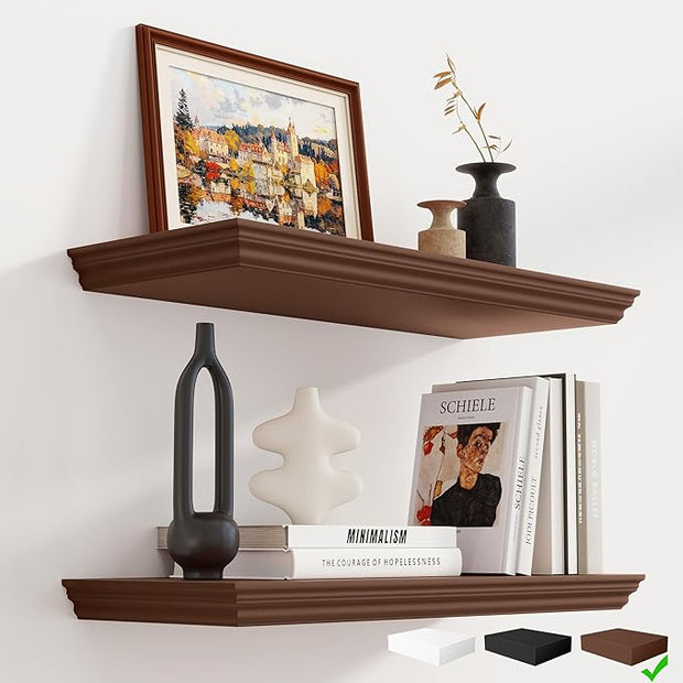 Fun Memories Floating Shelves 24 Inch Long, 9.3 Inch Deep Classic Crown Molding Floating Shelves for Wall, Rustic Wooden Shelves for Wall Decor Bathroom, Kitchen, Office, (Walnut, 2Pack)