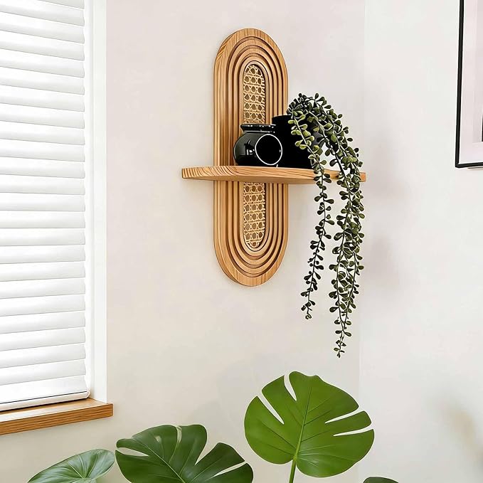 1pc Mid-Century Modern Wall Shelf - Arched Wood & Woven PE Rattan Boho Decorative Floating Shelf, Vintage Aesthetic Decor for Living Room, Bedroom, Kitchen & Home Office (Natural)