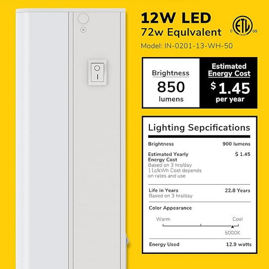 GETINLIGHT Inlight 24-inch Hardwired Only LED Under Cabinet Lighting, Daylight White(5000k), Dimmable, Matte White Finished, ETL Listed, IN-0201-13-WH-50