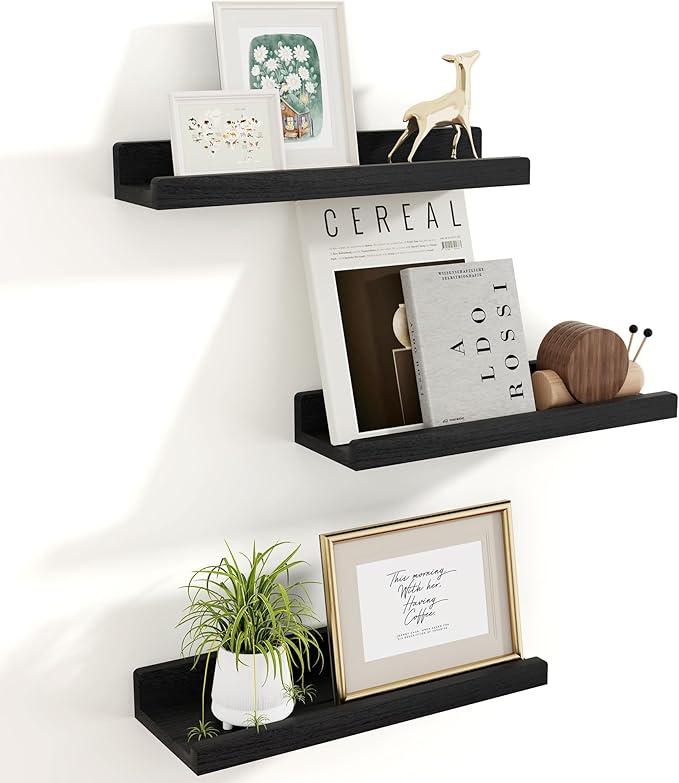 Floating Shelves for Wall, 16 inch Solid Wood Picture Ledge Shelf for Wall Storage, Nursery Book Shelves with Lip for Living Room Bathroom Bedroom Kitchen, Set of 3, Distressed Black