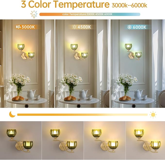 Battery Operated Wall Sconce, 2-Lights Vinatge Brass Wall Lighting with Green Tluip Shade Rechargeable Bulb with Remote for Living Room, Bedroom
