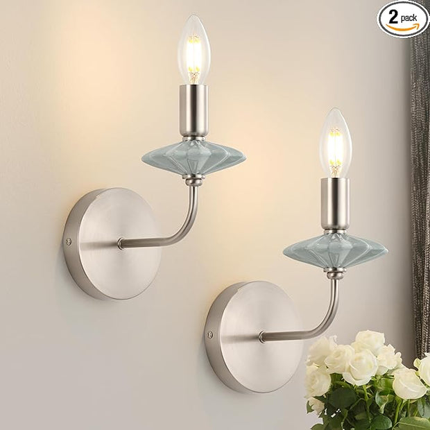 Modern Retro Wall sconces Set of Two with Green Ceramic Flower Decoration,Brushed Nickel Wall Lights, Hardwired Vintage Vanity Light for Bathroom, Living Room, Bedroom, and hallways.