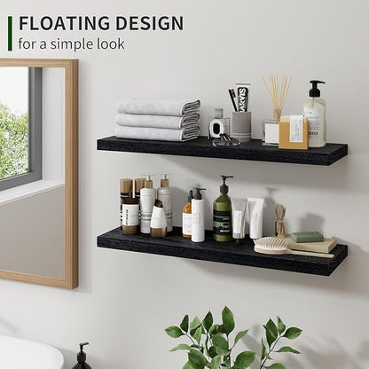 Marsmiles Wood Floating Shelves for Wall Set of 2, 24 Inch Wide Rustic Wooden Floating Shelves, Invisible Wall Mounted Display for Living Room Bedroom Kitchen Bathroom Office, Black