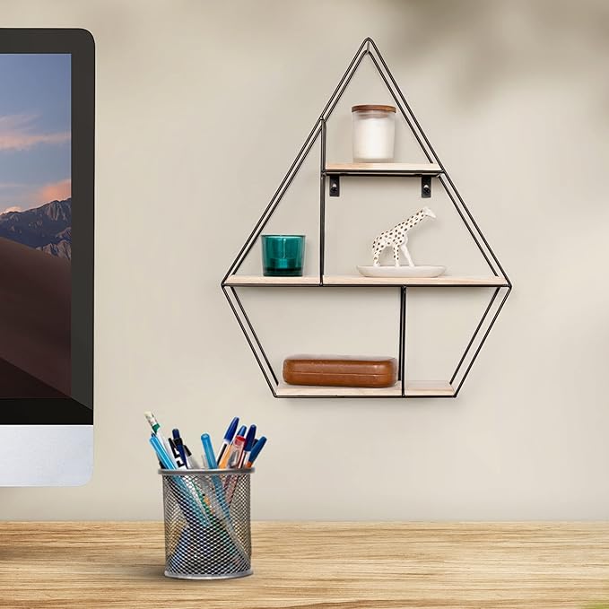 Greenco Geometric Diamond Gem Shaped Mounted Floating Shelves, Home Decor, Metal Wire and Rustic Wood Wall Storage Shelves for Bedroom, Living Room, Bathroom, Kitchen, Office