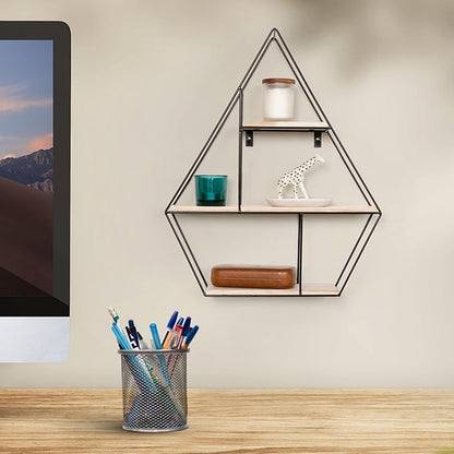 Greenco Geometric Diamond Gem Shaped Mounted Floating Shelves, Home Decor, Metal Wire and Rustic Wood Wall Storage Shelves for Bedroom, Living Room, Bathroom, Kitchen, Office