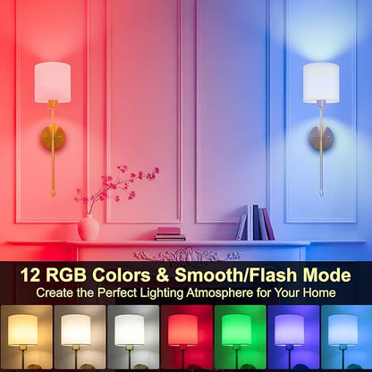 Battery Operated Wall Sconce Set of Two, 15 Colors Rechargeable Wall Lamp with Dimmable Bulbs and Remote, Gold Wireless Wall Sconce for Bedroom Living Room Hallway
