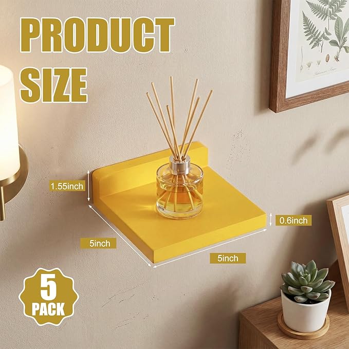 Novabright 5 Pack Small Floating Shelves Mini Shelves Hanging Display 5 Inch Wood Wall Shelf for Plant Bathroom Livingroom Bedroom with 2 Types of Installation Nursery Decor(Bright)