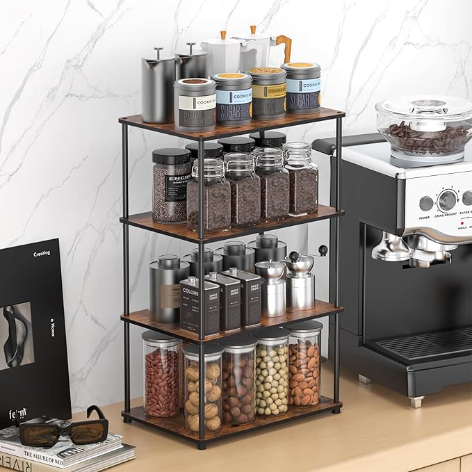 Countertop Spice Rack, Stackable Wood & Metal Pantry Cabinet Shelf Organizer Storage, 4-Tier or Split into 2×2-Tier, Multi-Use for Kitchen Bathroom Desktop Home Office, Rustic Brown