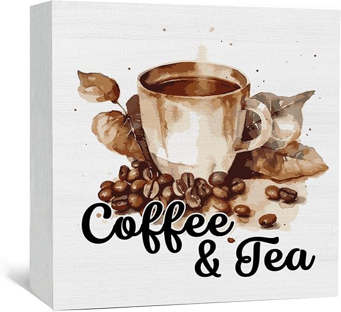 Coffee and Tea Bar Decor Wooden Sign,Tea Bar Accessories Home Office Tabletop Shelf Decor, Gifts for Coffee Lovers Women,5x5