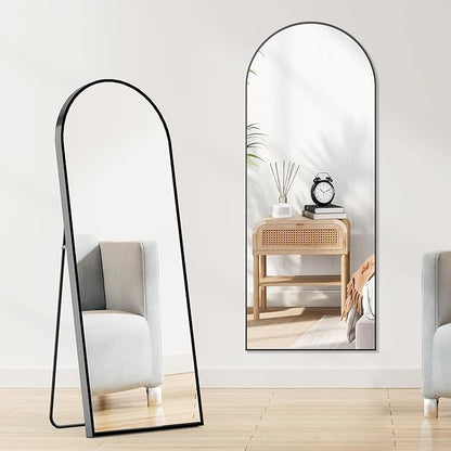 OLIXIS Arched Full Length Black Mirror 64"x 21.5" for Bedroom, Full Body Mirror with Stand, Hanging or Leaning for Wall, Aluminum Alloy Thin Frame Floor Standing for Living Room, Long