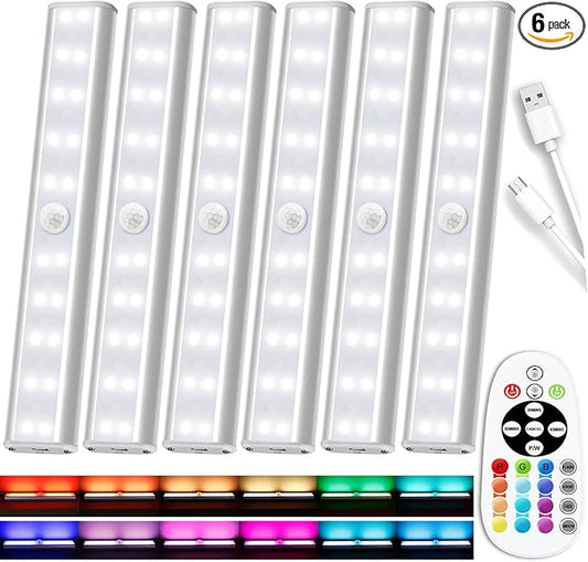 SZOKLED Under Cabinet Lighting Rechargeable 48-LED Wireless Under Cabinet Lights Remote, Kitchen Counter Lights Closet Lights RGB Perfect for Indoor Pantry Display Shelf 15 Color Changing(6 Packs)