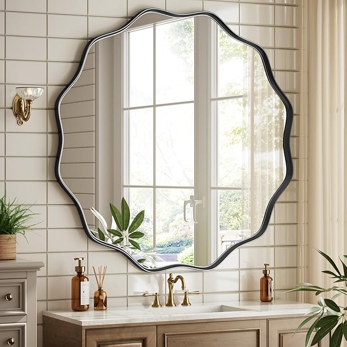 Round Wavy Mirror - 30 Inch Metal Frame Round Mirrors Wavy Edge Circle Mirror for Bathroom Bedroom Living Room Entryway Black