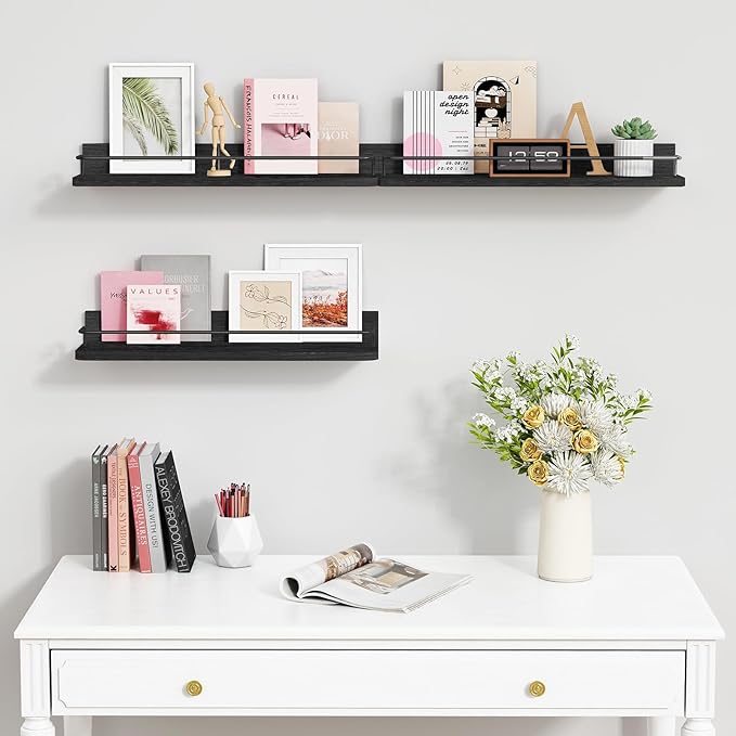 Forbena Black Floating Shelves for Wall, Bahtroom Wall Shelves Over Toilet, Rustic Hanging Shelf with Lip Rail for Bedroom Kitchen Office Living Room Picture Photo Decor, 17 Inch Long-Set of 3